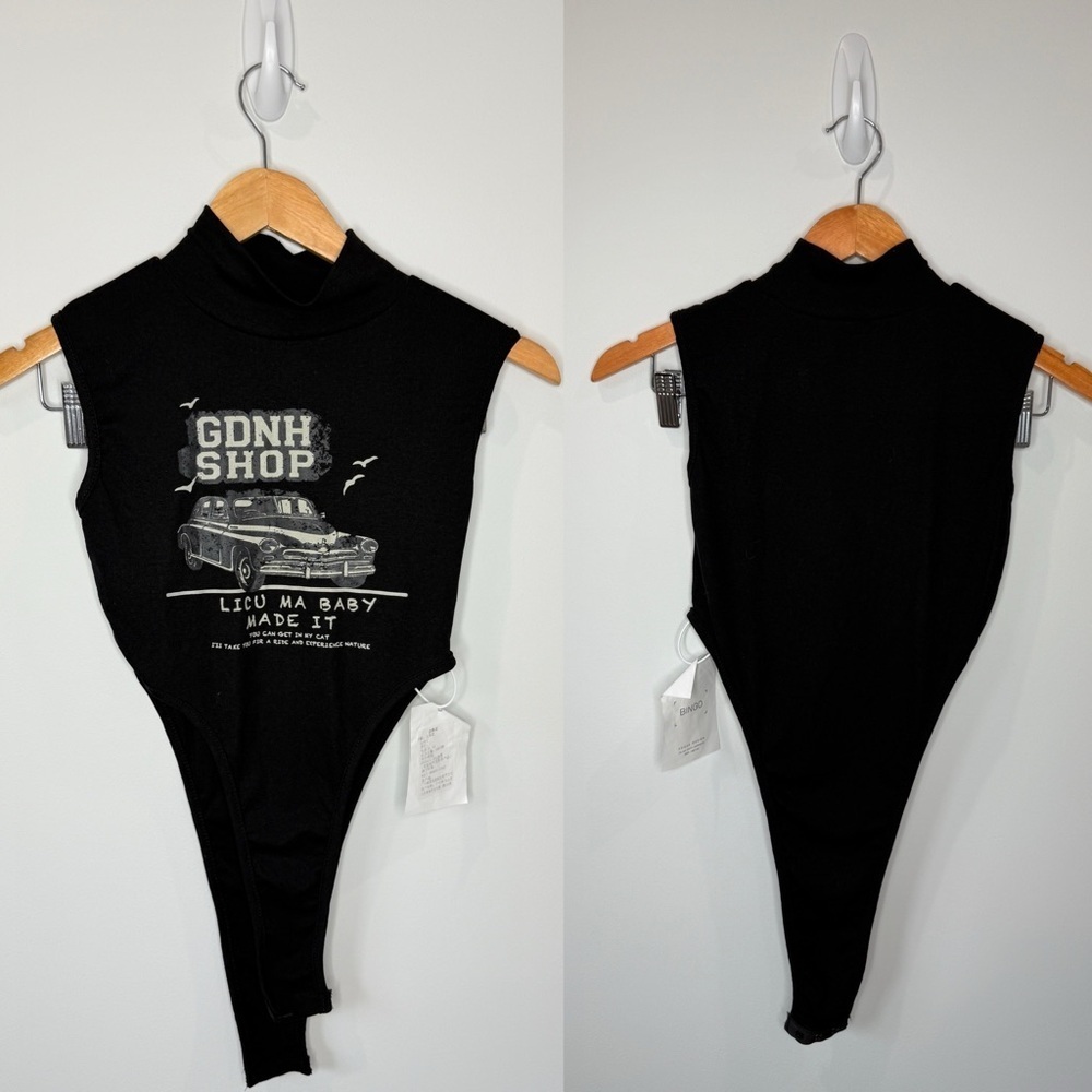 Bingo High Neck Car Print Women’s Black Bodysuit